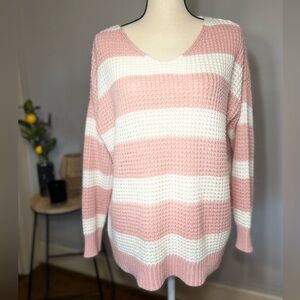 Pink Lily Chunky-Knit Striped V-Neck Pullover Sweater Pink White S Acrylic